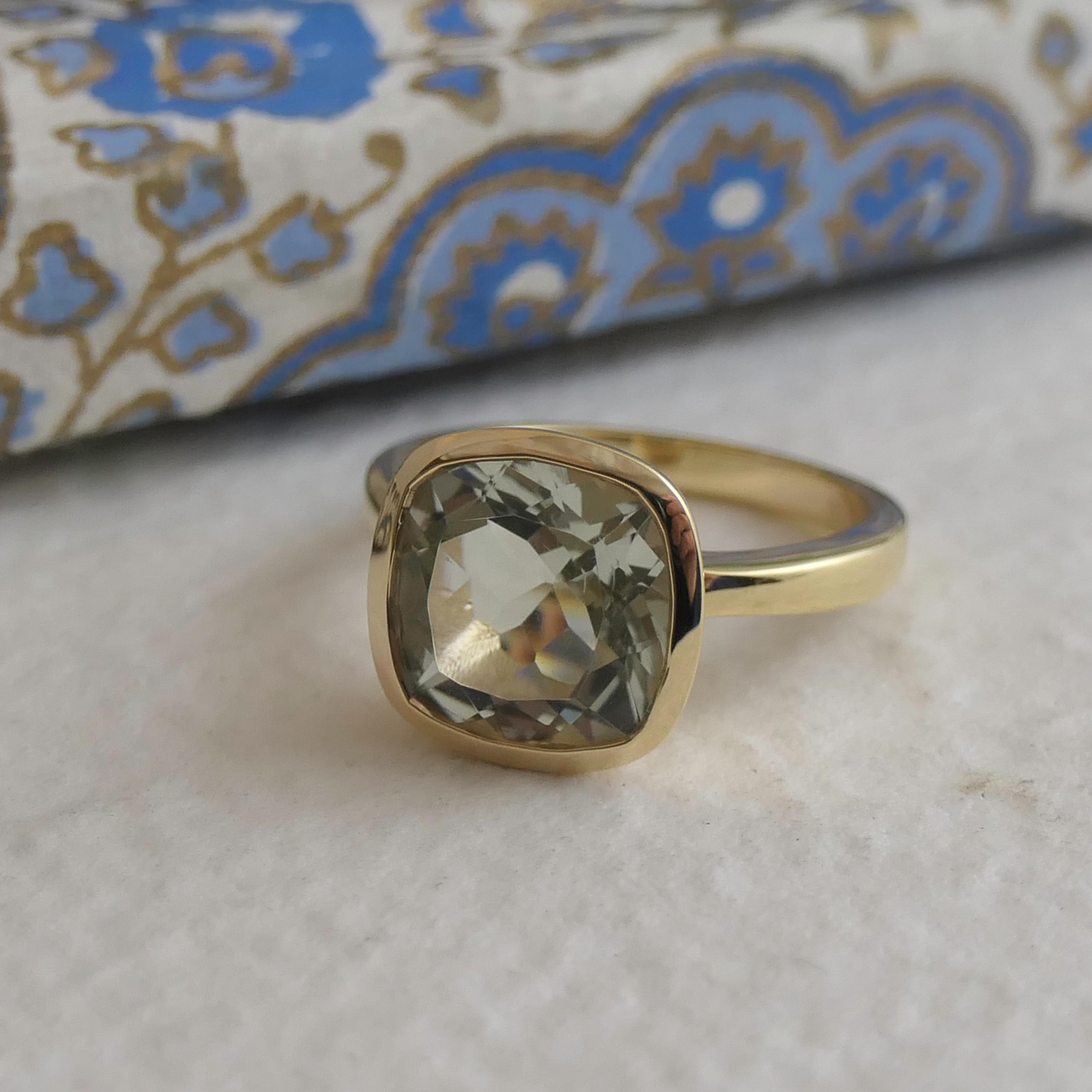 Green Amethyst Cushion Cut Gold Plated Sterling Silver Ring For Sale 2