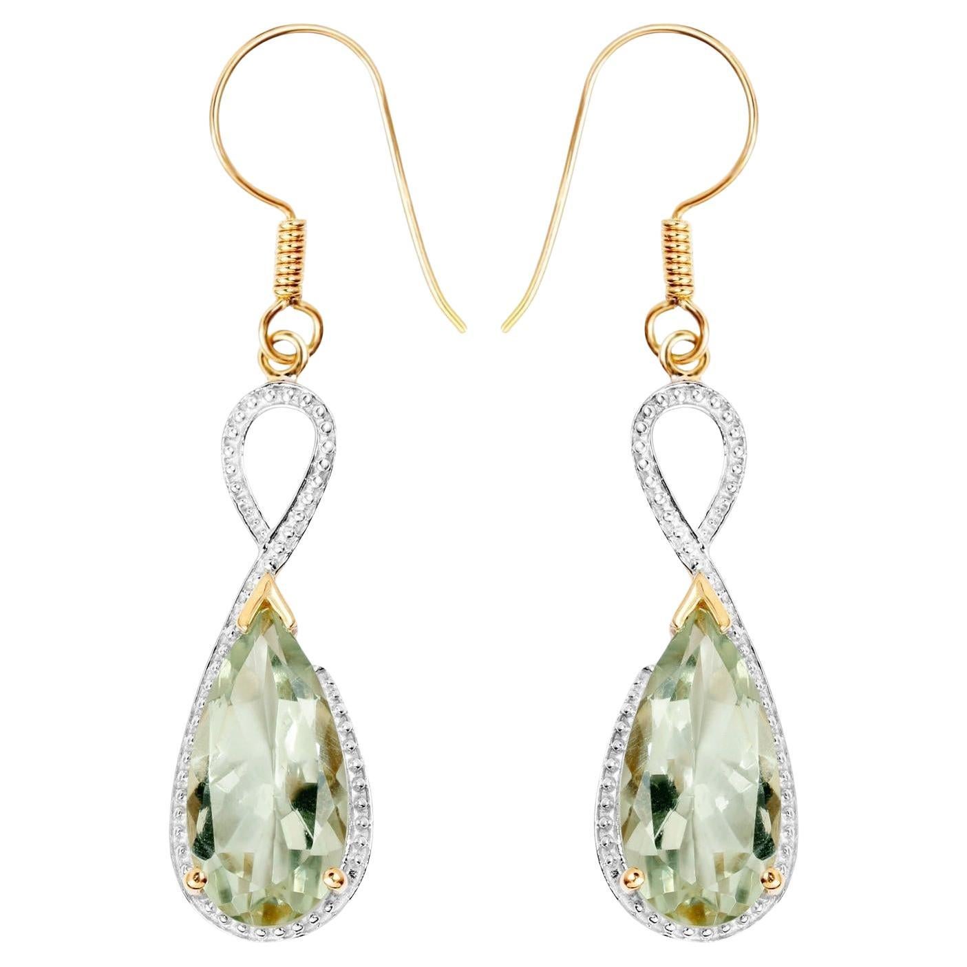 Green Amethyst Dangle Earrings 10 Carats 14K Yellow Gold Plated Silver