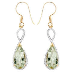 Green Amethyst Dangle Earrings 10 Carats 14K Yellow Gold Plated Silver