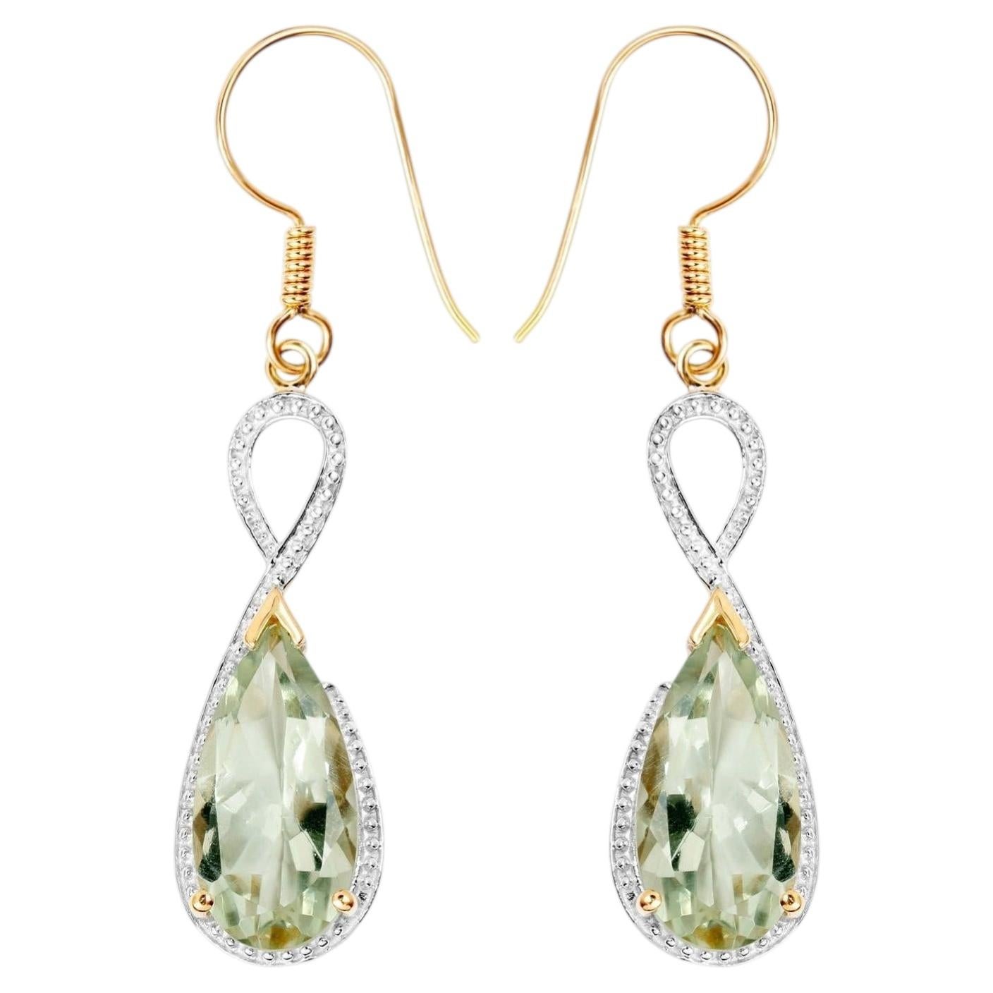 Green Amethyst Dangle Earrings 10 Carats 14K Yellow Gold Plated Silver For Sale