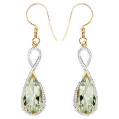Green Amethyst Dangle Earrings 10 Carats 14K Yellow Gold Plated Silver