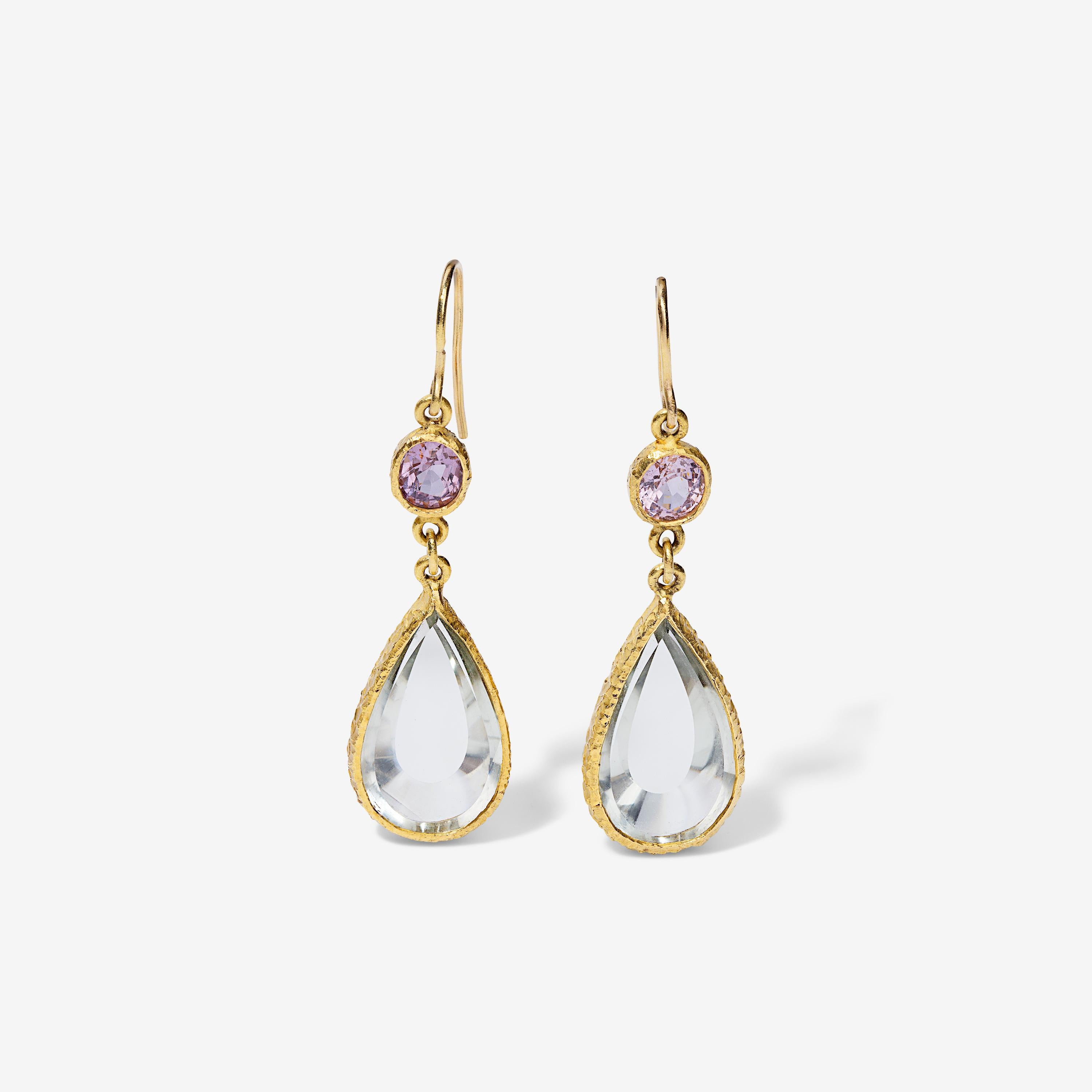 These dangle earrings feature exceptionally clear green amethyst pears that are accented by delicately pink kunzite gemstones, all set in 22k yellow gold.

By Jack Bigio  Part of the Summerset Vault Collection

Jack Bigio is one of our most beloved