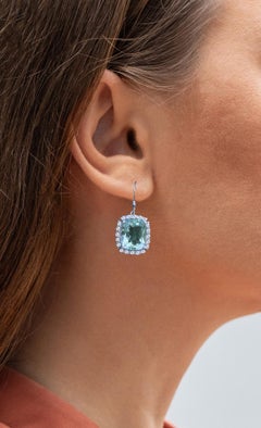 Green Amethyst Dangle Earrings White Topazes 10.4 Carats Sterling Silver