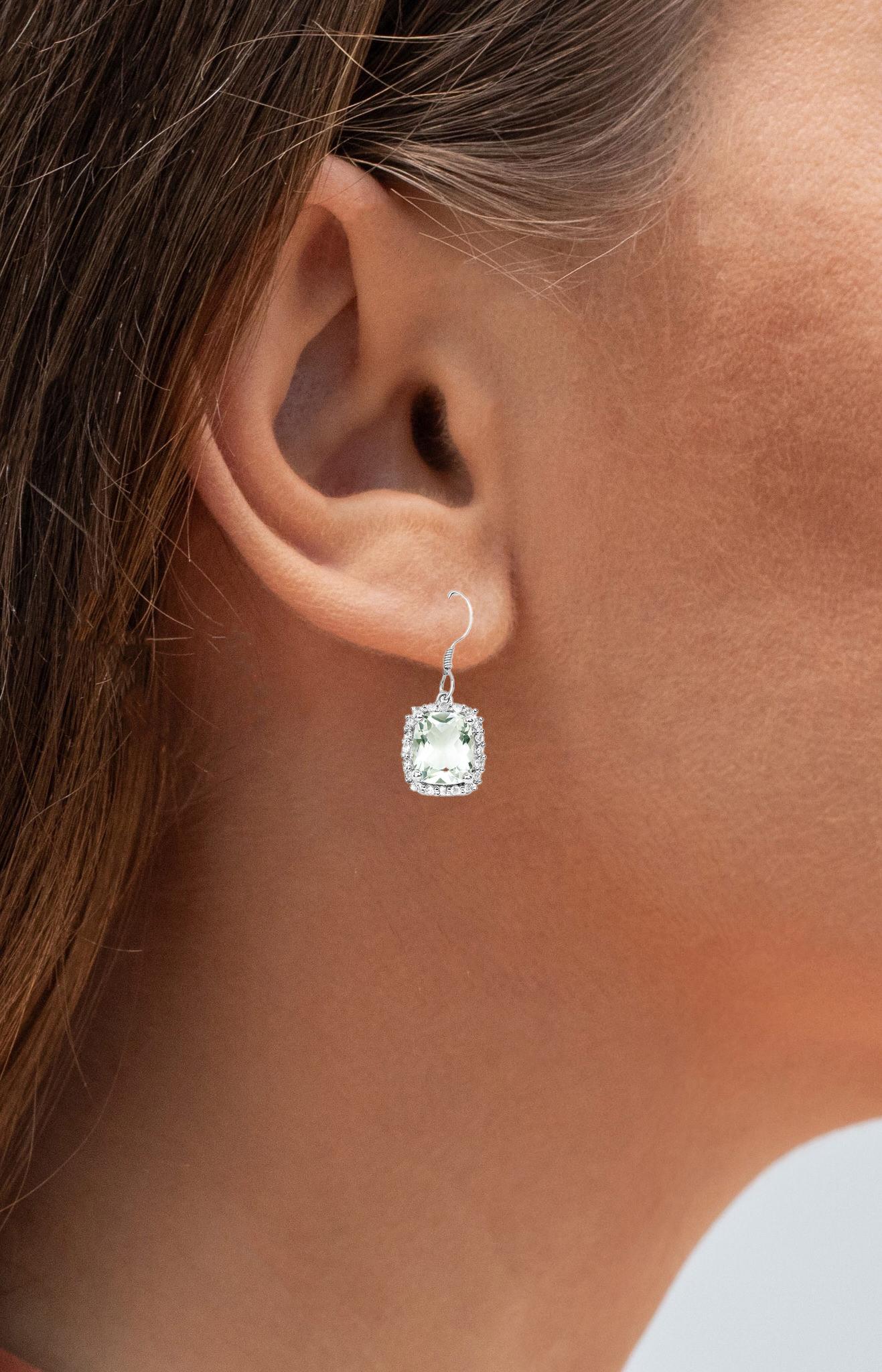 Cushion Cut Green Amethyst Dangle Earrings White Topazes 10.4 Carats Sterling Silver For Sale