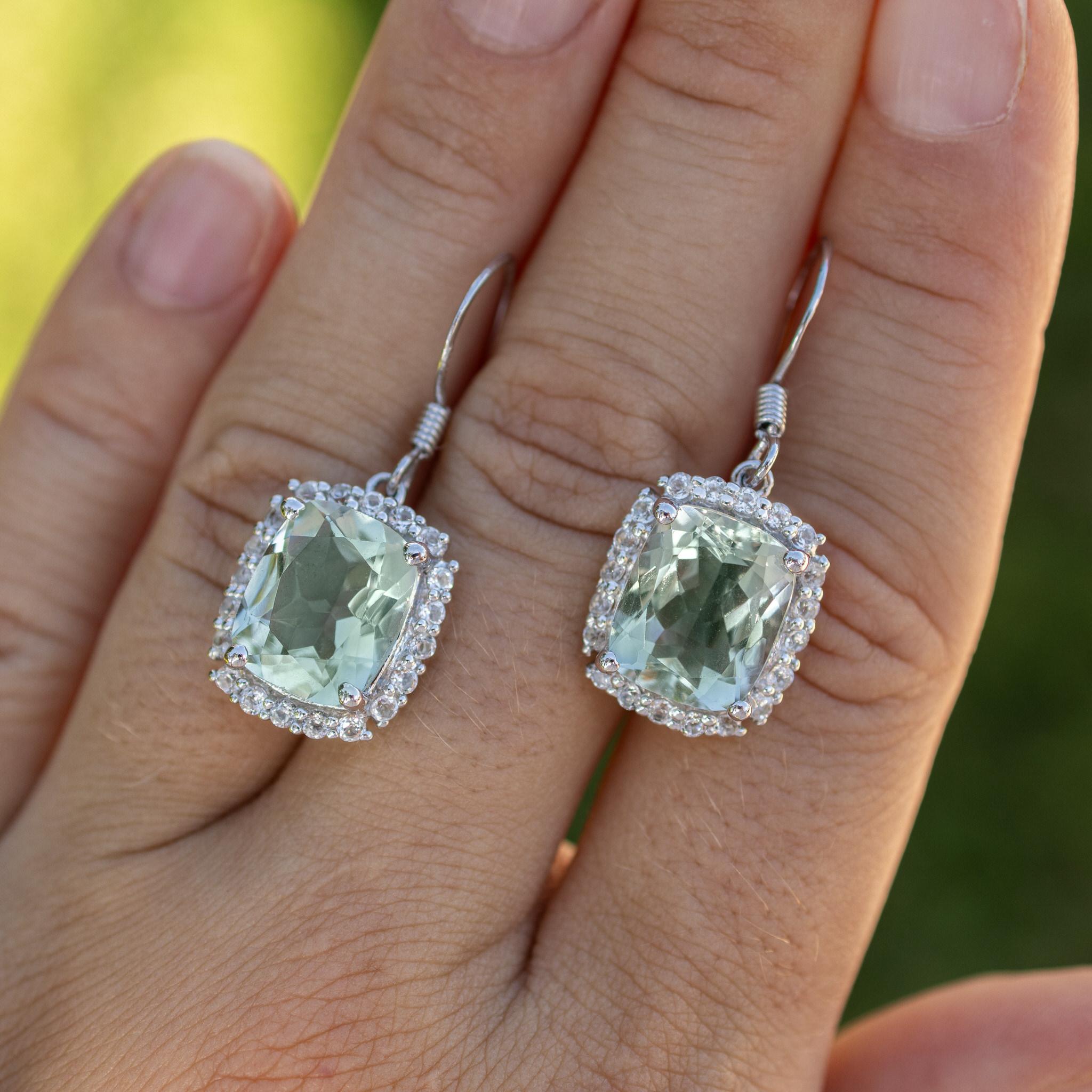 Contemporaneo Orecchini pendenti di ametista verde Topazi bianchi 10,4 carati A. Silver in vendita