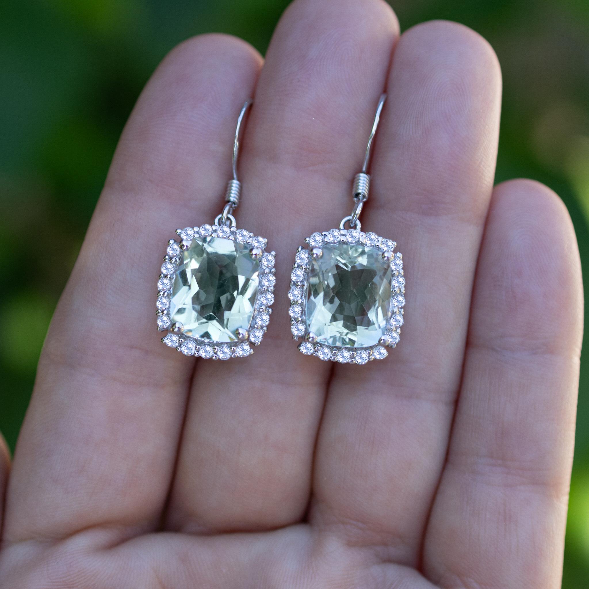 Taglio cuscino Orecchini pendenti di ametista verde Topazi bianchi 10,4 carati A. Silver in vendita