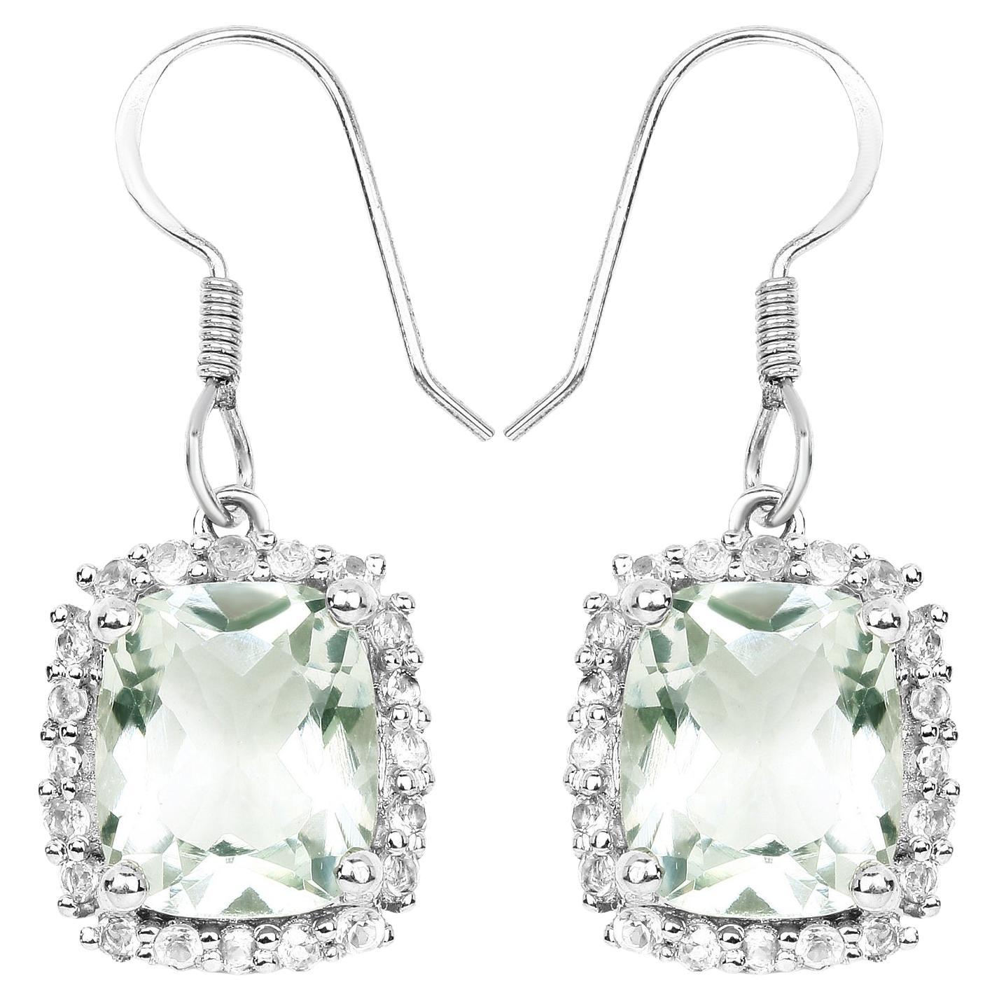 Green Amethyst Dangle Earrings White Topazes 10.4 Carats Sterling Silver