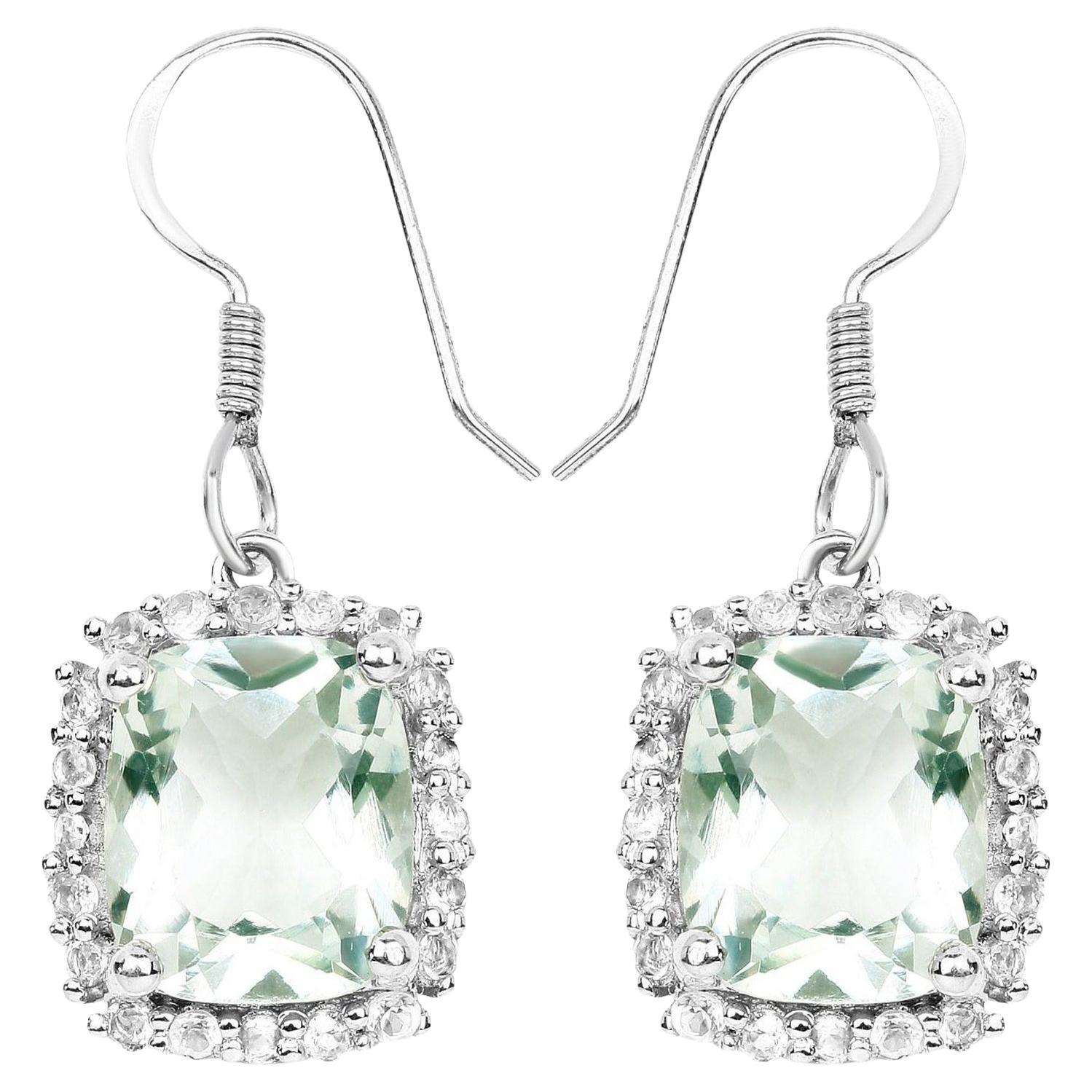 Green Amethyst Dangle Earrings White Topazes 10.4 Carats Sterling Silver For Sale