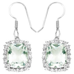 Green Amethyst Dangle Earrings White Topazes 10.4 Carats Sterling Silver