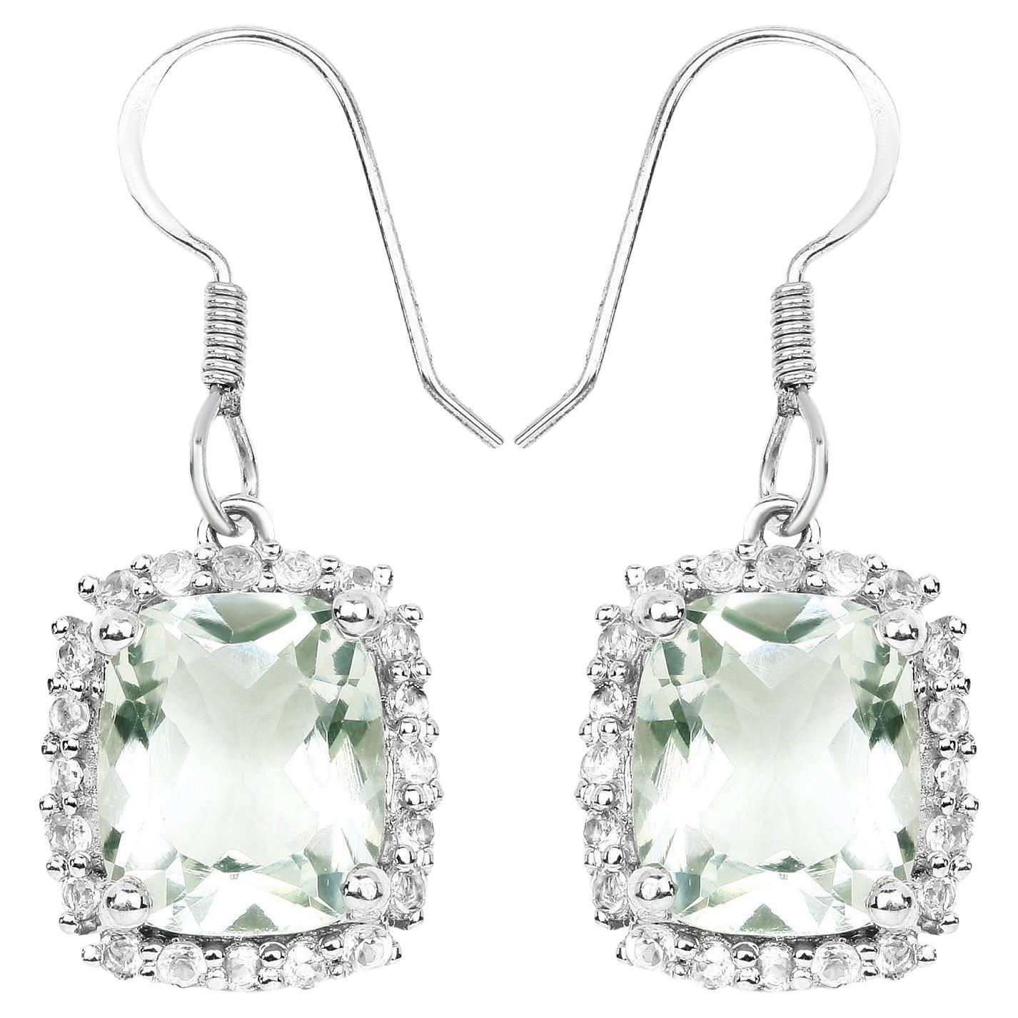 Green Amethyst Dangle Earrings White Topazes 10.4 Carats Sterling Silver For Sale