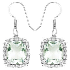 Green Amethyst Dangle Earrings White Topazes 10.4 Carats Sterling Silver