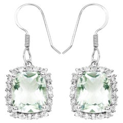 Green Amethyst Dangle Earrings White Topazes 10.4 Carats Sterling Silver