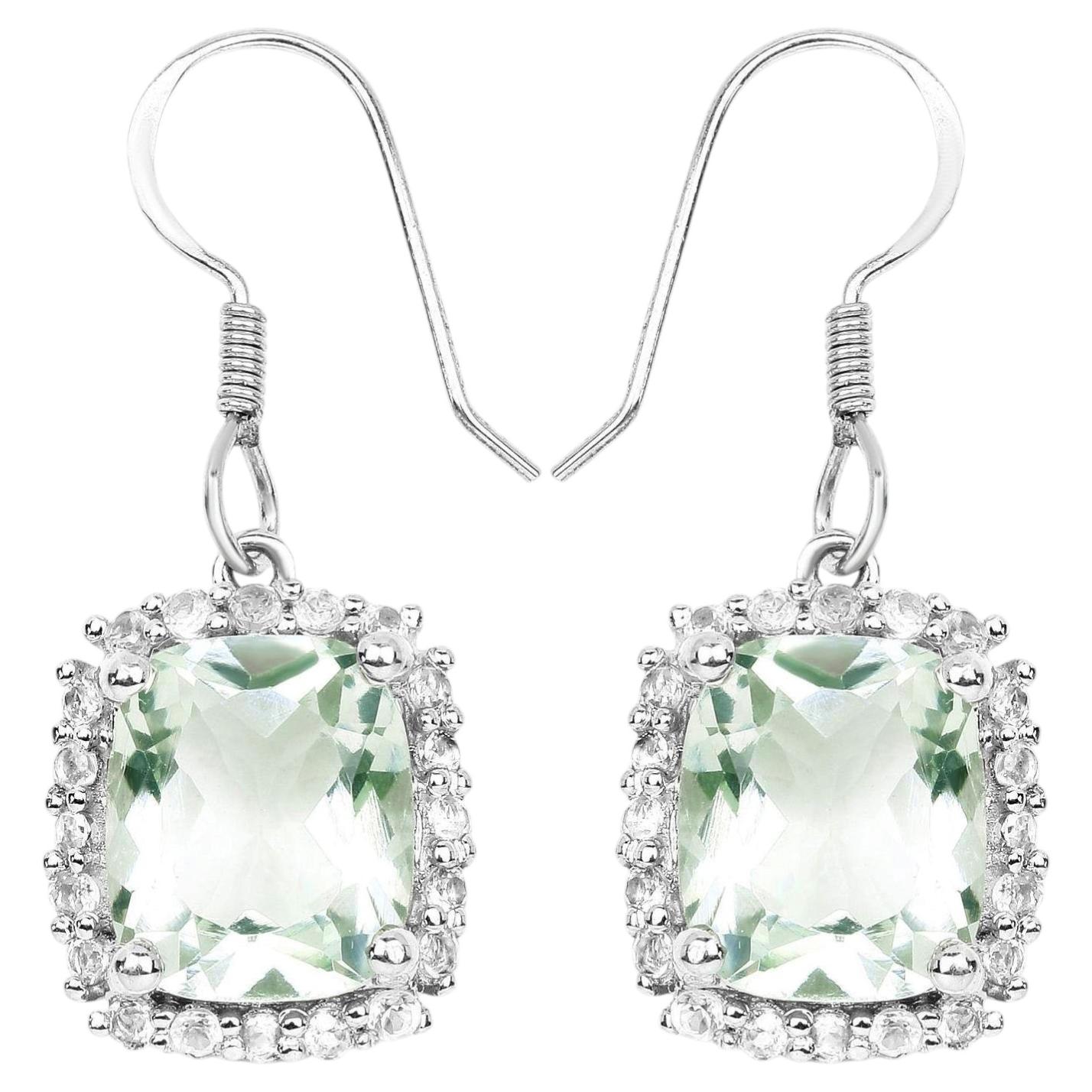 Green Amethyst Dangle Earrings White Topazes 10.4 Carats Sterling Silver