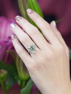 Green Amethyst Diamond Art Deco Style Engagement Ring in 14K White Gold