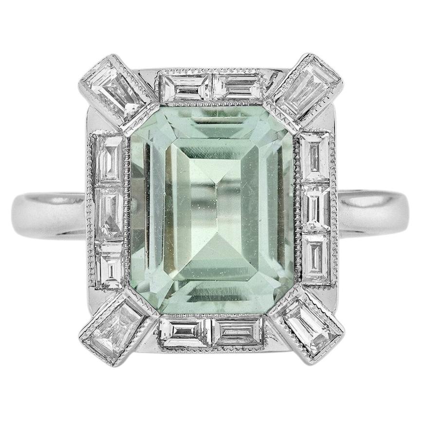 Bague de fiançailles en or blanc 14K avec améthyste verte et diamant de style Art Deco
