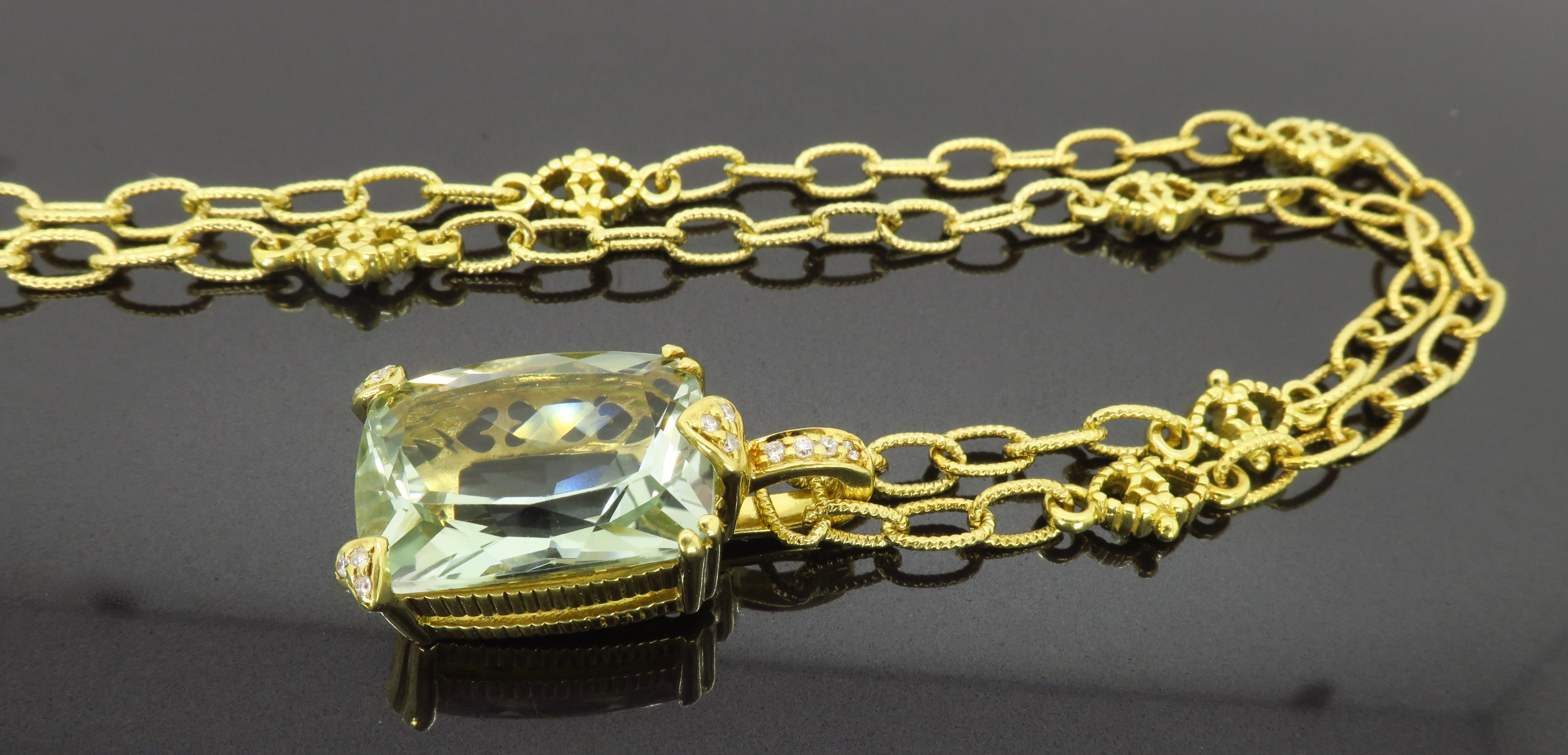 Green Amethyst and Diamond Pendant Necklace in 18 Karat Yellow Gold In New Condition In Webster, NY