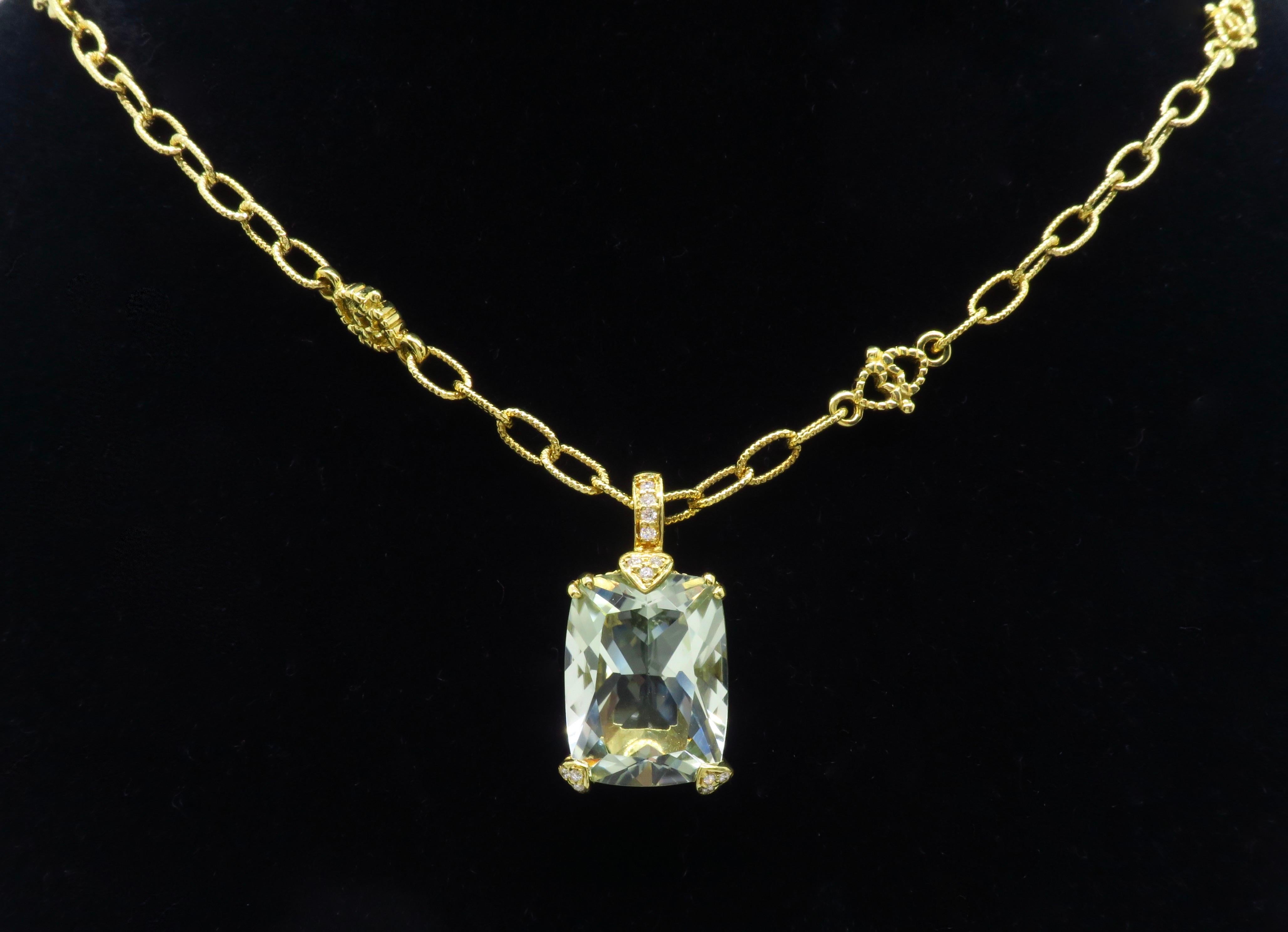 Women's or Men's Green Amethyst and Diamond Pendant Necklace in 18 Karat Yellow Gold