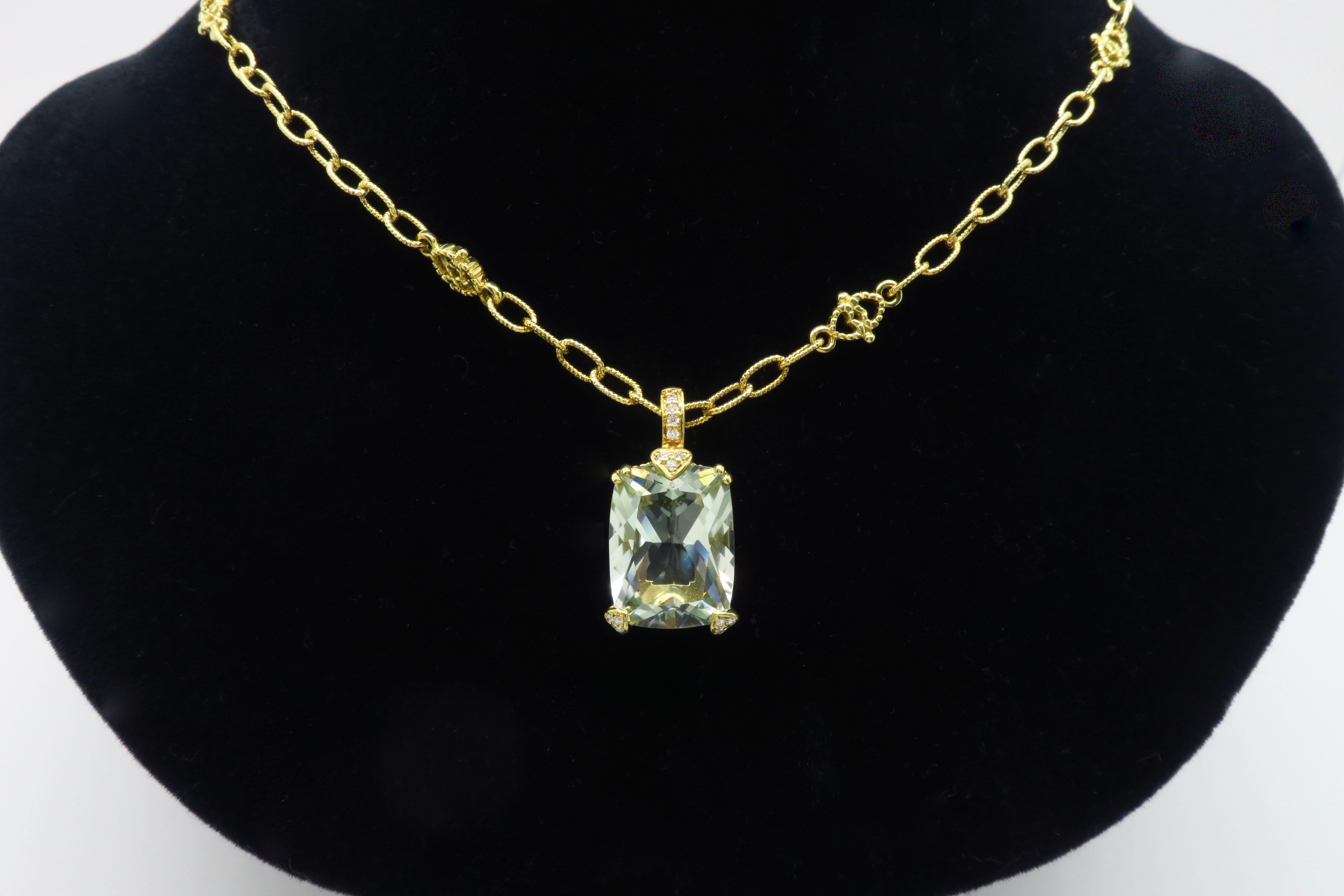 Green Amethyst and Diamond Pendant Necklace in 18 Karat Yellow Gold 1