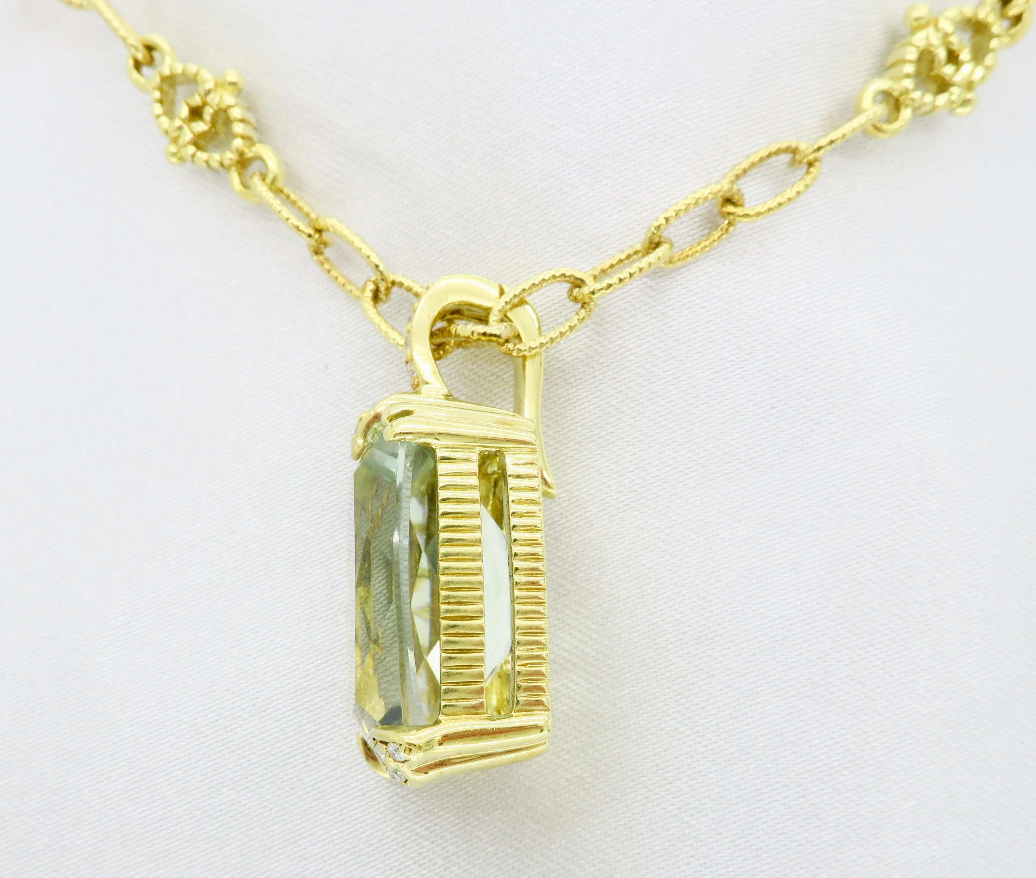 Green Amethyst and Diamond Pendant Necklace in 18 Karat Yellow Gold 4