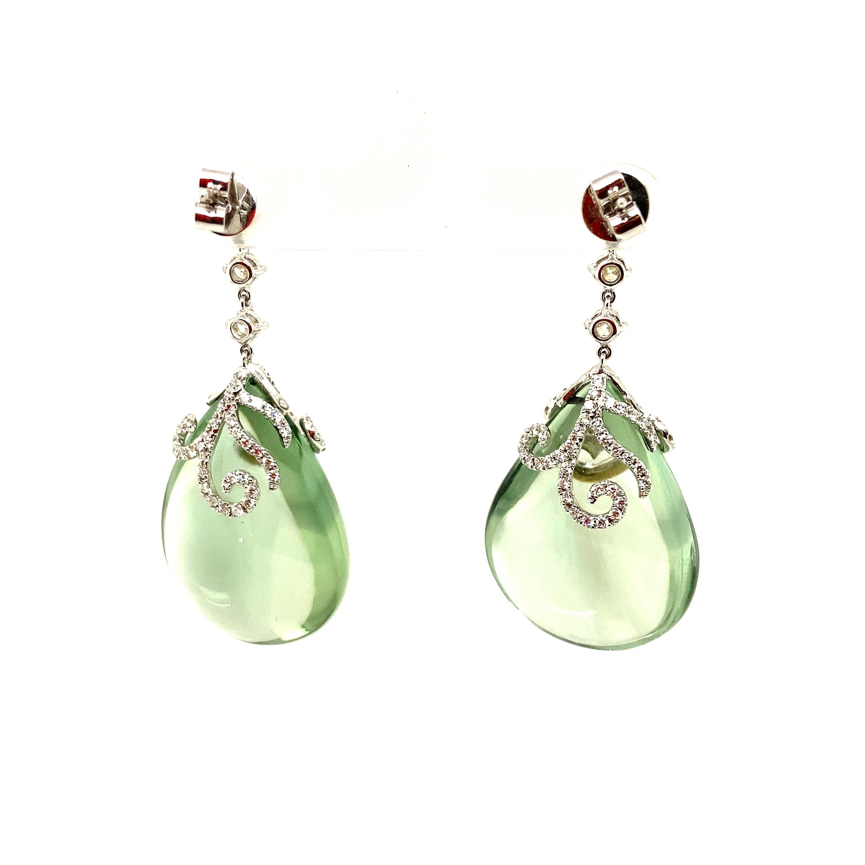 Modern Green Amethyst Drops and White Diamond Gold Earrings For Sale