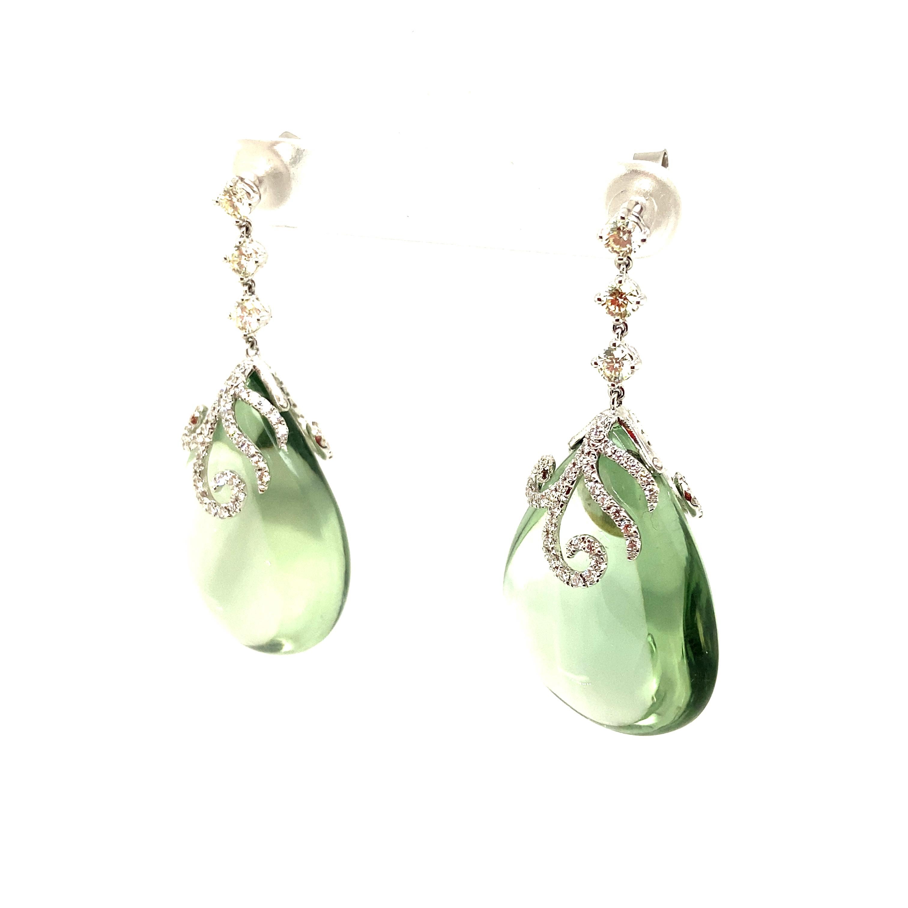 Cabochon Green Amethyst Drops and White Diamond Gold Earrings For Sale