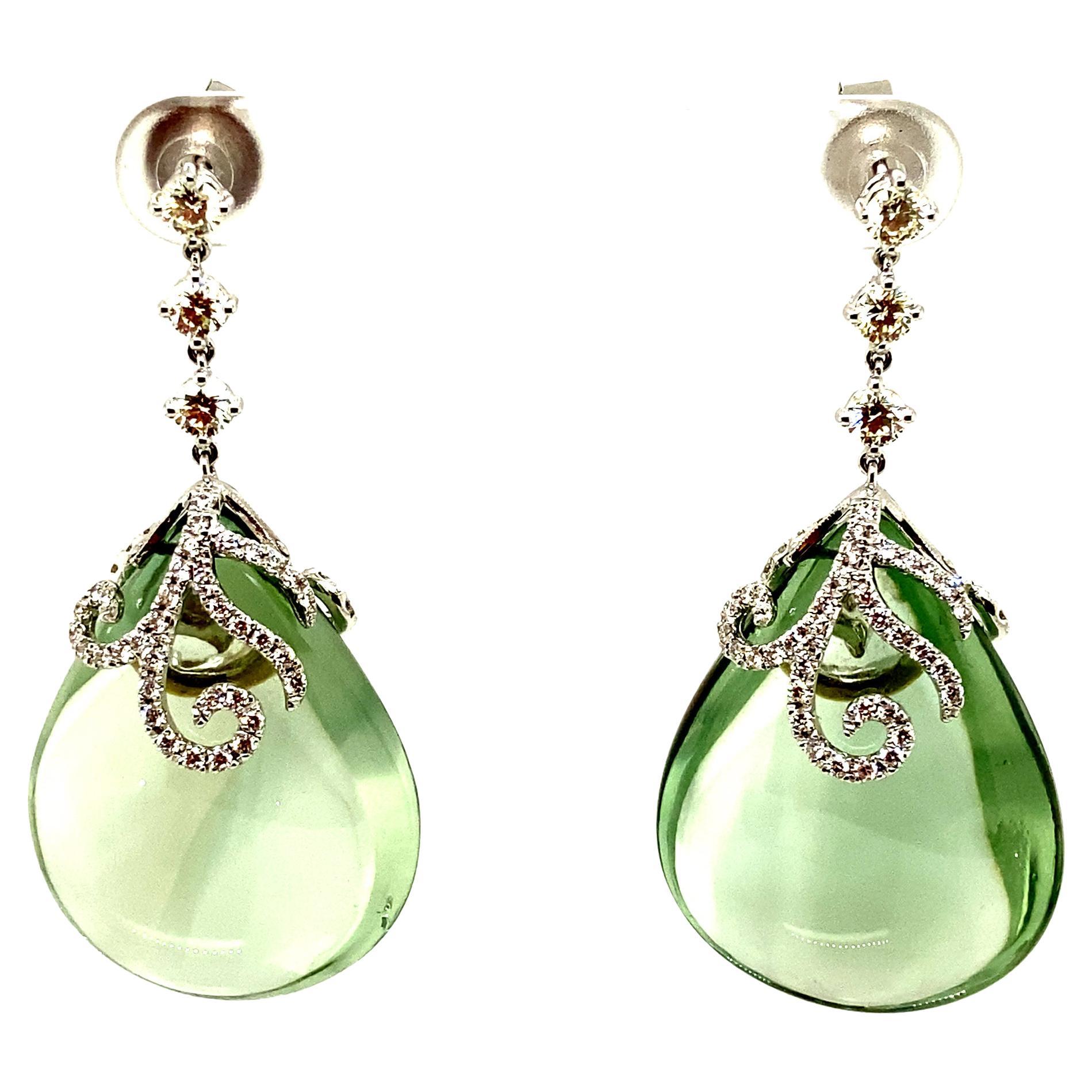 Green Amethyst Drops and White Diamond Gold Earrings For Sale