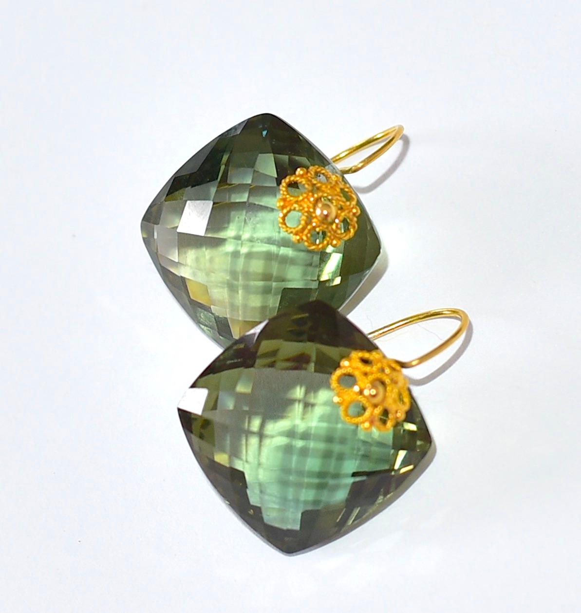 Briolette Cut Green Amethyst Earrings in 18K Solid Yellow Gold