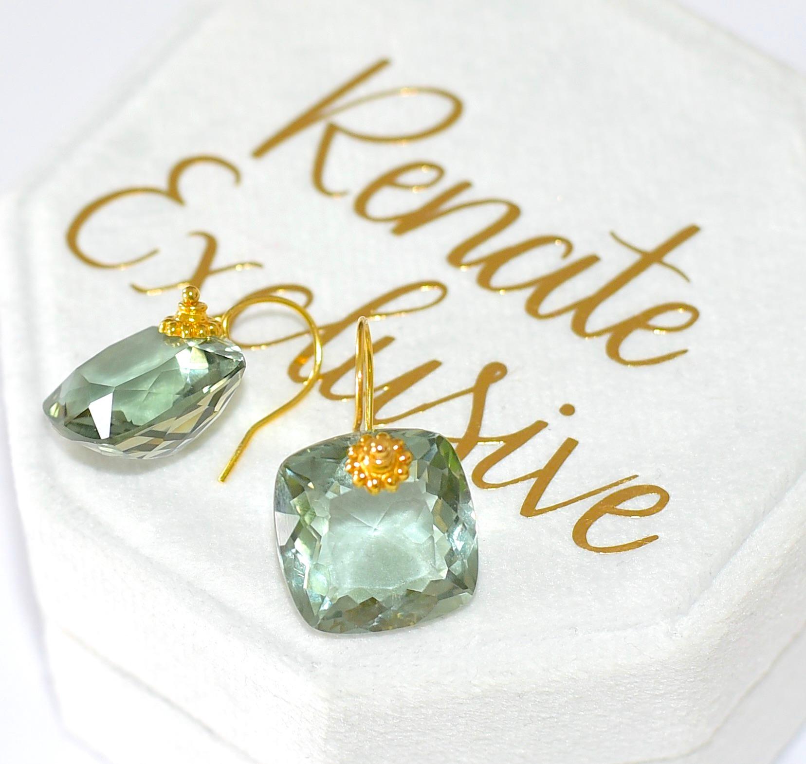 Mixed Cut Green Amethyst Earrings in 18K Solid Yellow Gold