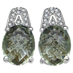Green Amethyst Earrings With Diamonds 5.42 Carats Sterling Silver