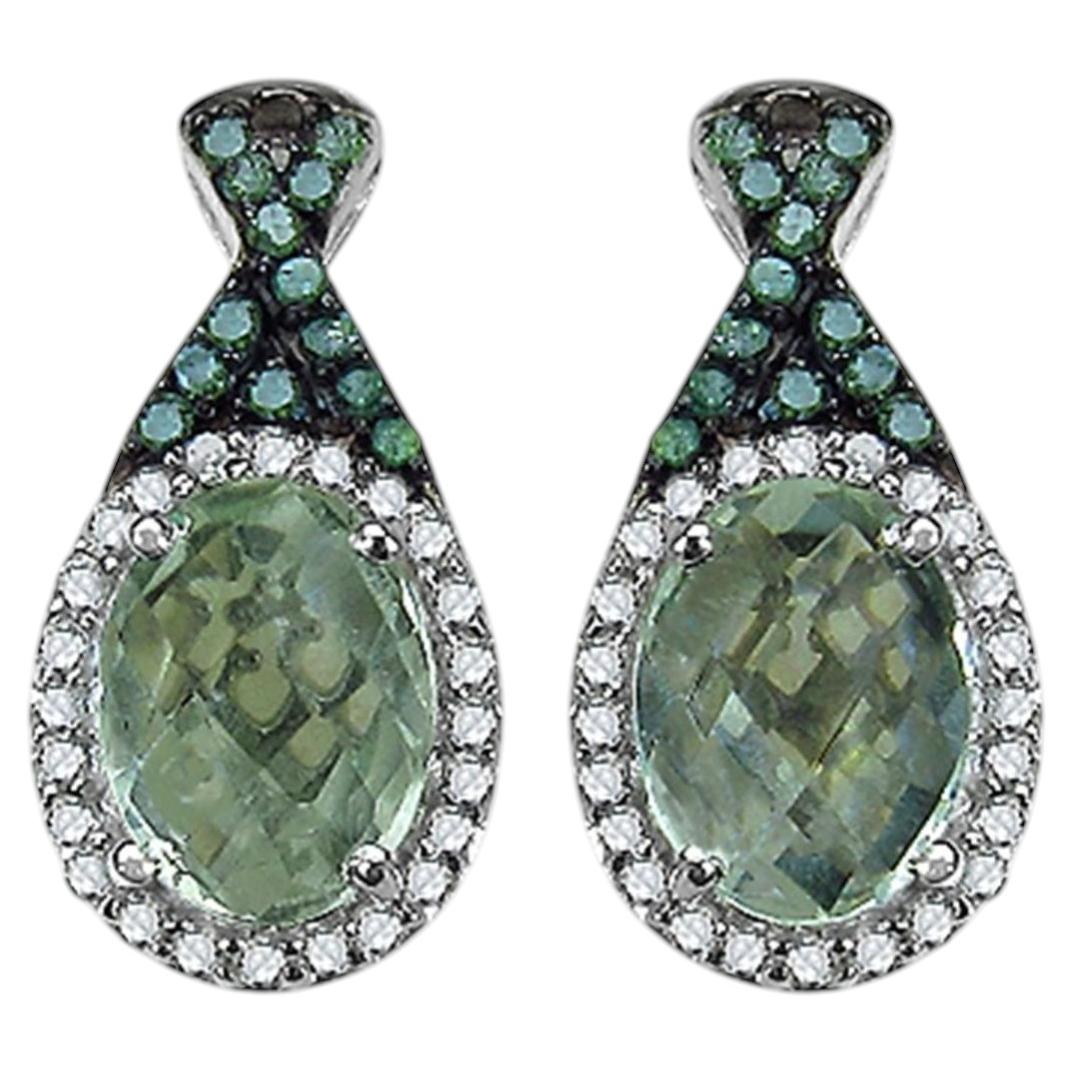 Green Amethyst Earrings With White Diamonds 2.48 Carats Sterling Silver For Sale