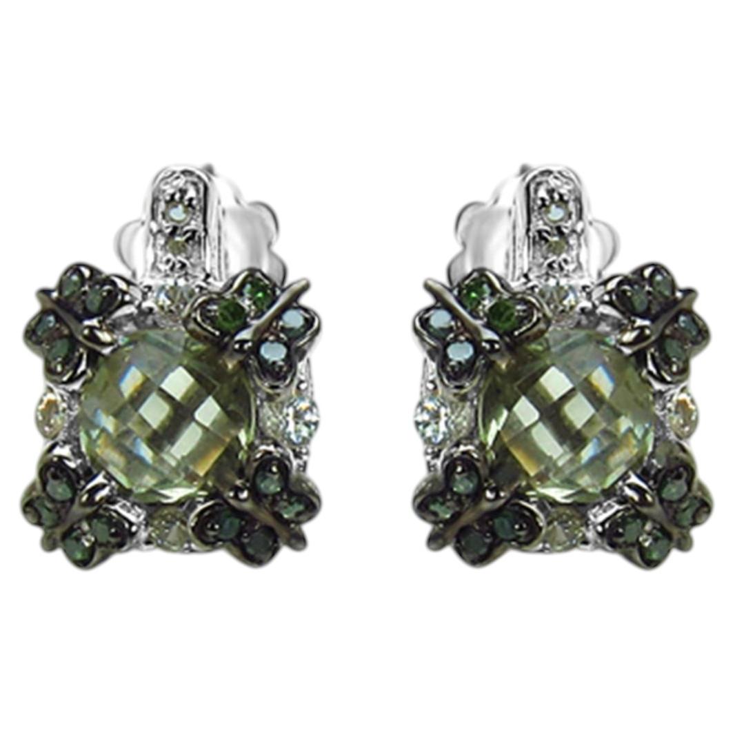 Green Amethyst Earrings With White Sapphire 2.86 Carats Sterling Silver For Sale