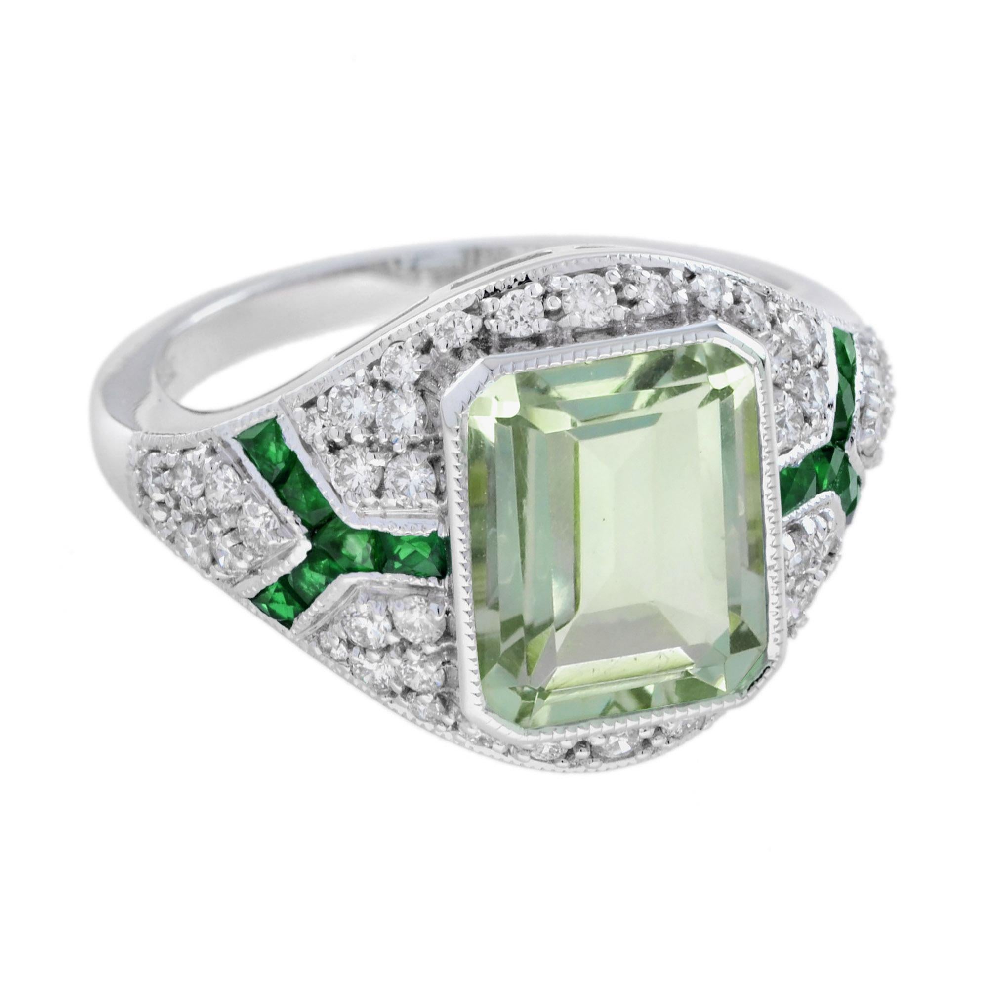 Emerald Cut Green Amethyst Emerald Diamond Art Deco Style Engagement Ring in 14K White Gold