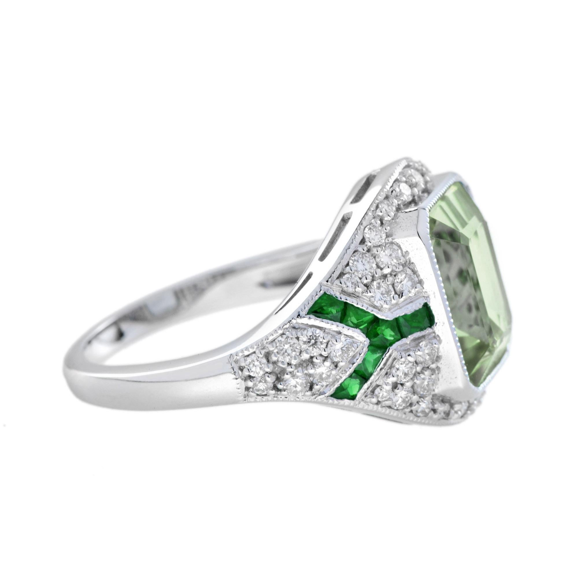 Green Amethyst Emerald Diamond Art Deco Style Engagement Ring in 14K White Gold In New Condition In Bangkok, TH