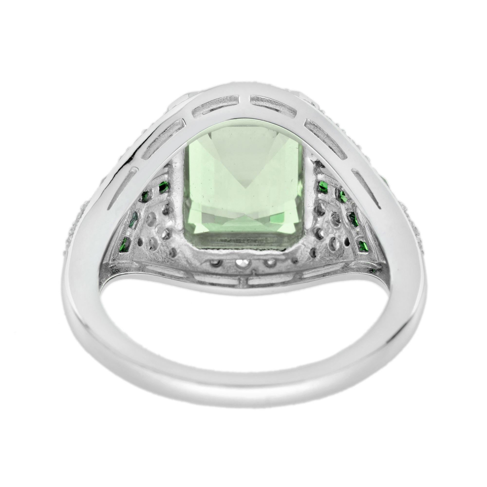 Women's Green Amethyst Emerald Diamond Art Deco Style Engagement Ring in 14K White Gold