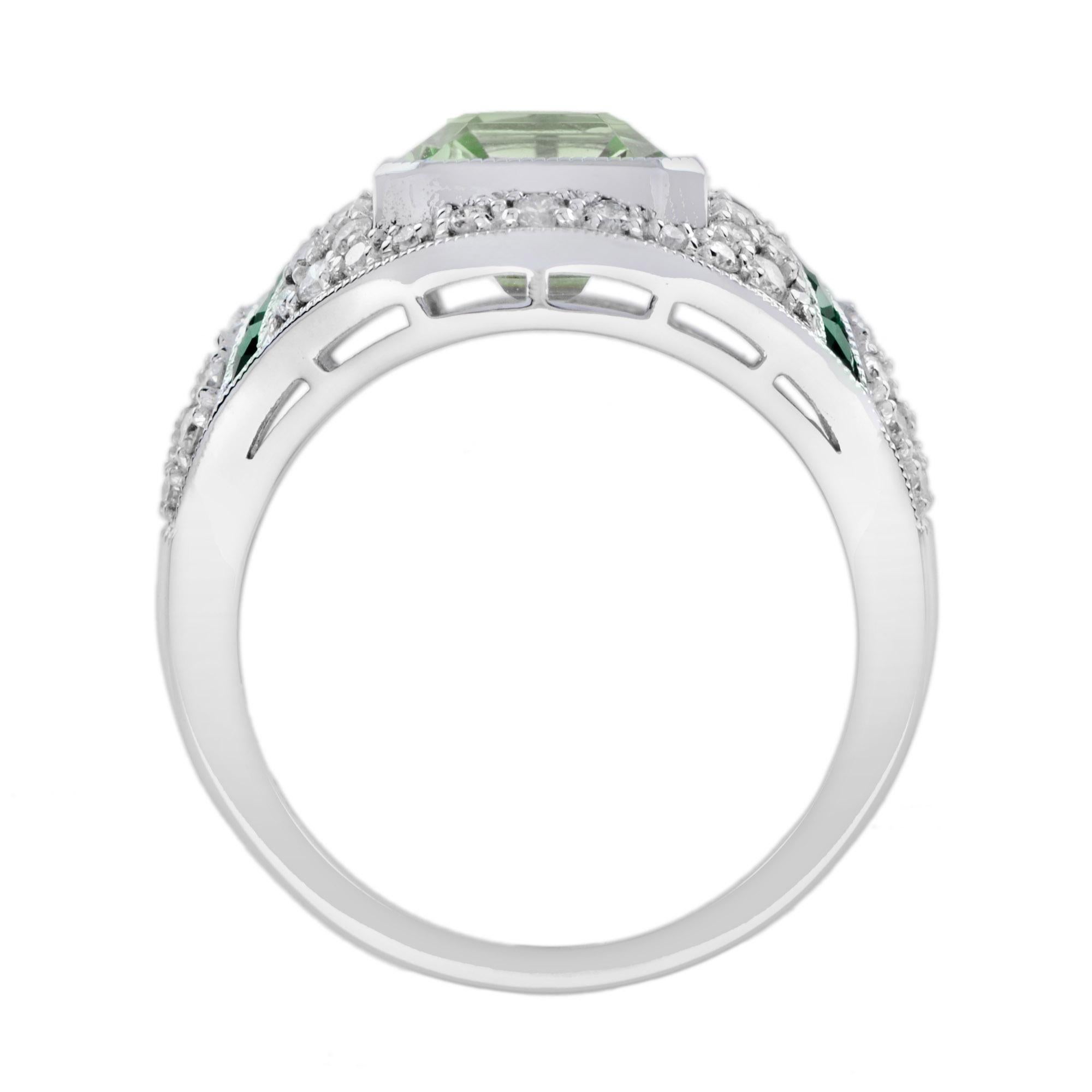 Green Amethyst Emerald Diamond Art Deco Style Engagement Ring in 14K White Gold 1