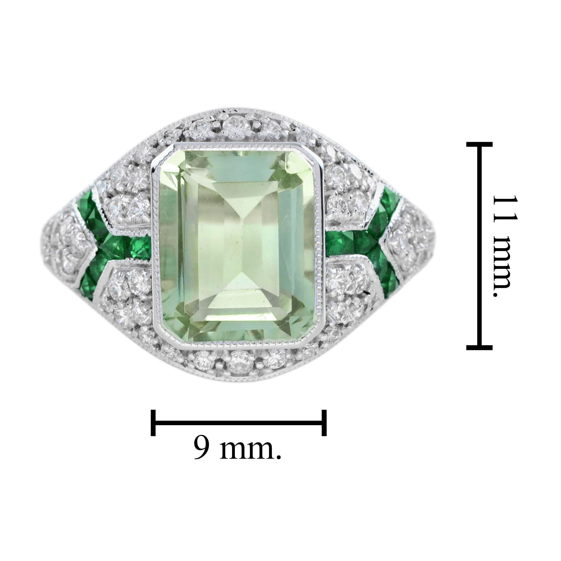 Green Amethyst Emerald Diamond Art Deco Style Engagement Ring in 14K White Gold 2