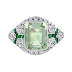 Green Amethyst Emerald Diamond Art Deco Style Engagement Ring in 14K White Gold