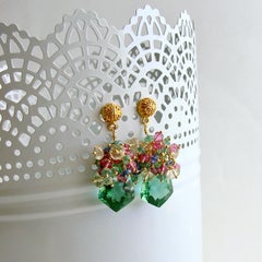 Green Amethyst, Emerald, Pink Topaz, Kyanite, Scapolite Cluster Earrings, Elena