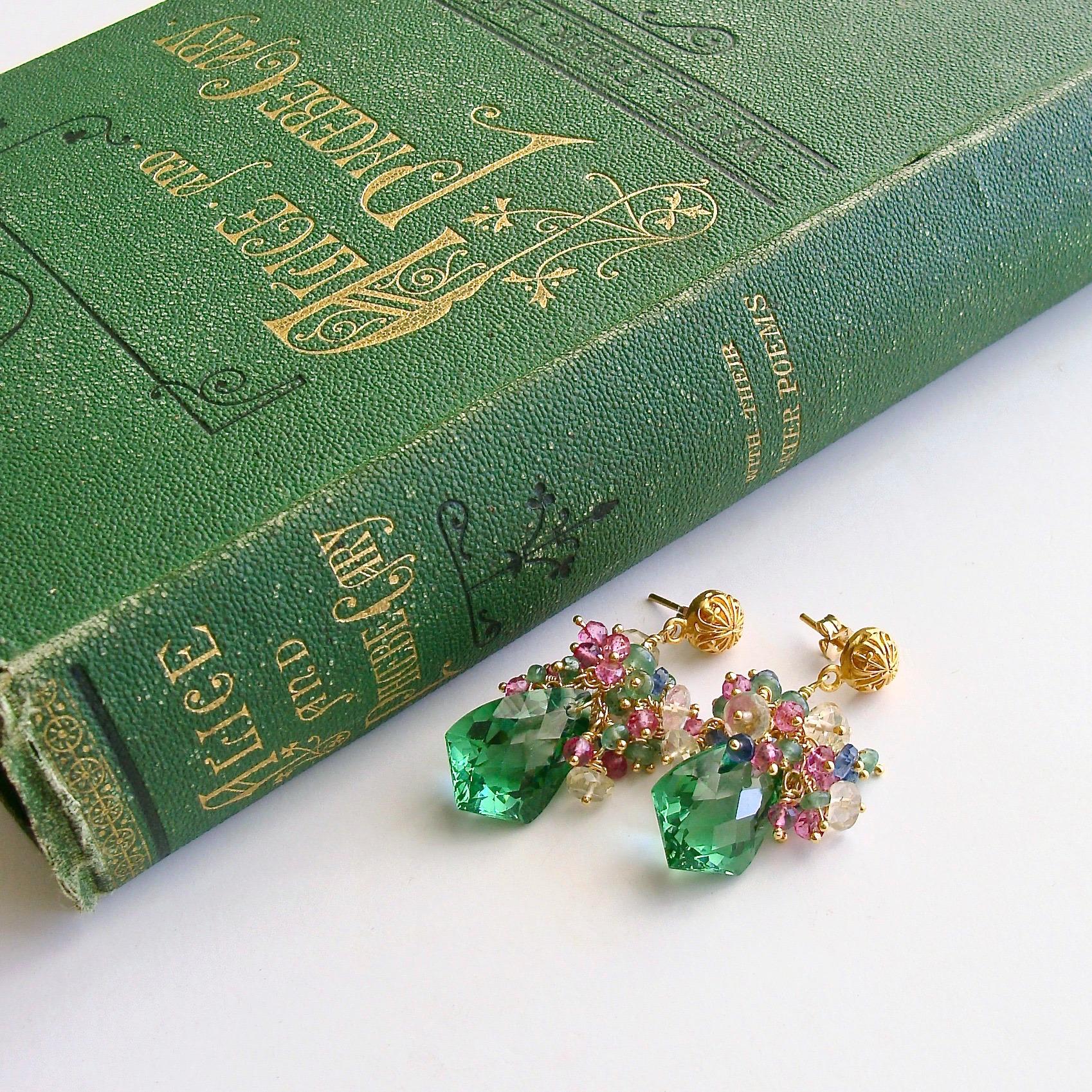 Artisan Green Amethyst, Emerald, Pink Topaz, Kyanite, Scapolite Cluster Earrings, Elena