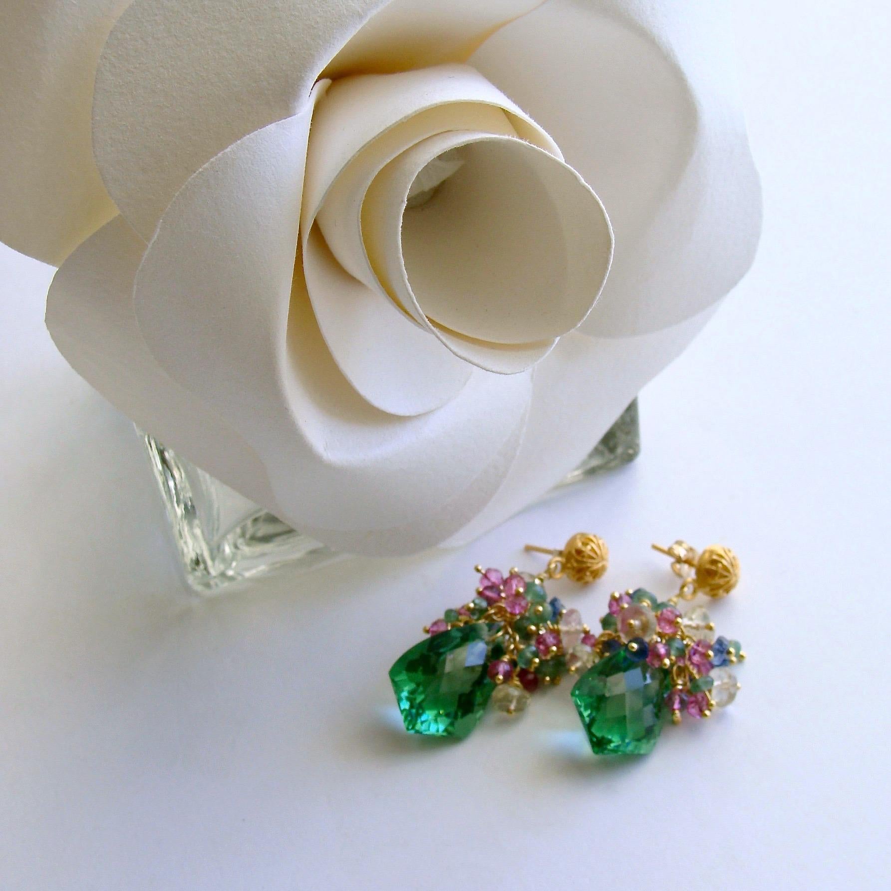 Women's or Men's Green Amethyst, Emerald, Pink Topaz, Kyanite, Scapolite Cluster Earrings, Elena