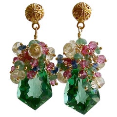 Green Amethyst, Emerald, Pink Topaz, Kyanite, Scapolite Cluster Earrings, Elena