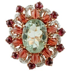 Green Amethyst, Garnets, Rose Gold and Silver, Vintage Ring