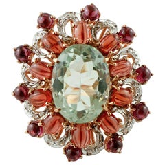 Green Amethyst, Garnets, Rose Gold and Silver, Retro Ring