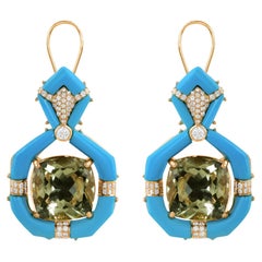 Green Amethyst Gemstone Dangle Earrings Turquoise Diamond 14 Karat Yellow Gold