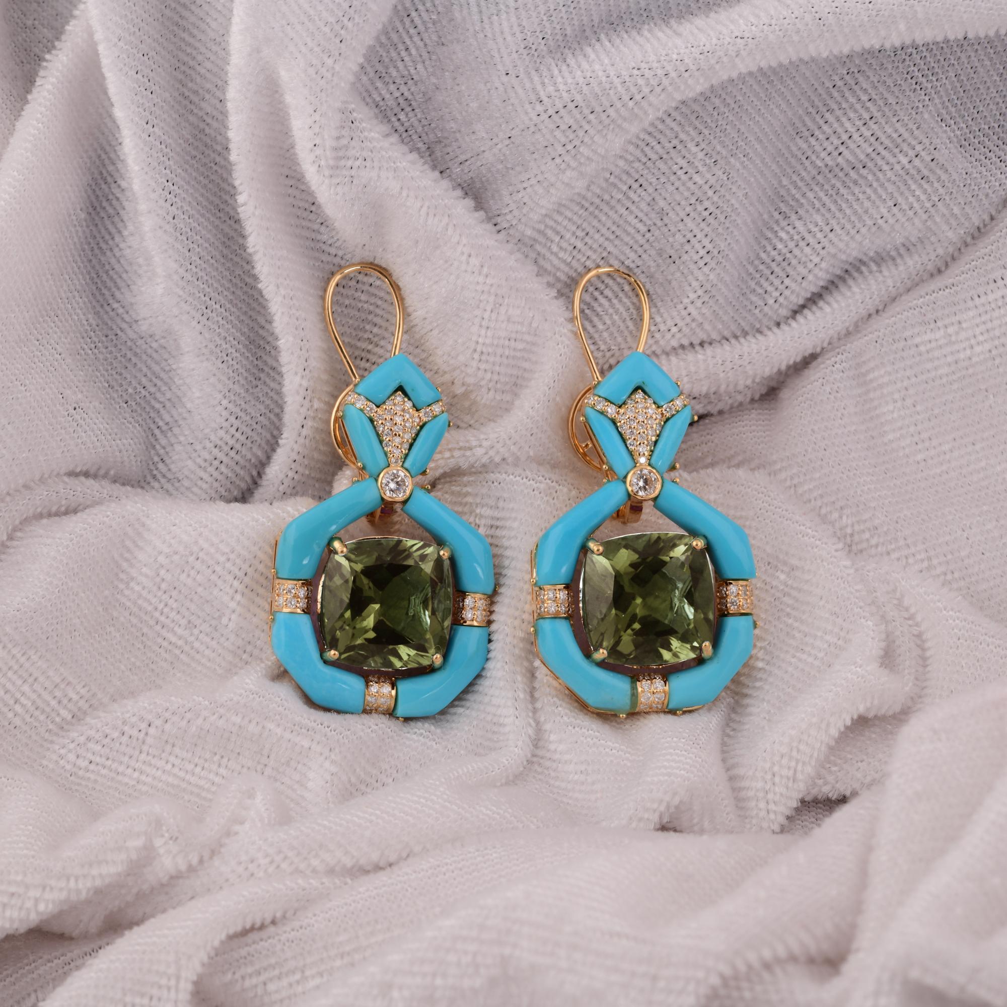 Cast from 18-karat gold, these exquisite earrings are handset with 14.95 carats Green Amethyst, 12.58 carats arizona turquoise and 0.74 carats of sparkling diamonds.

FOLLOW SPECTRUM JEWELS storefront to view the latest collection & exclusive