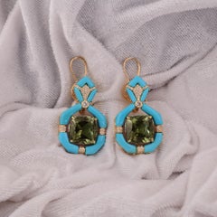 Green Amethyst Gemstone Dangle Earrings Turquoise Diamond 18 Karat White Gold