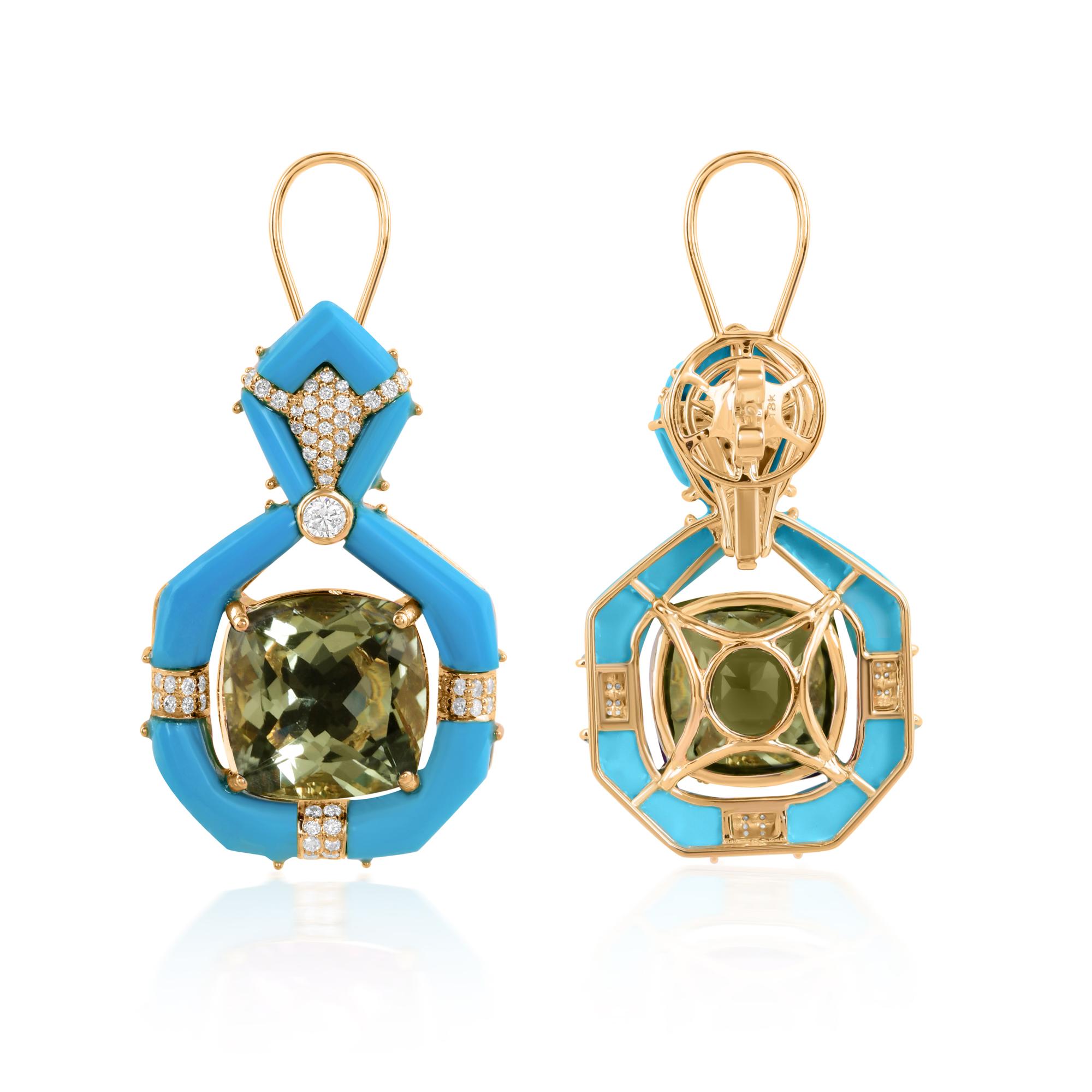 Modern Green Amethyst Gemstone Dangle Earrings Turquoise Diamond 18 Karat White Gold For Sale