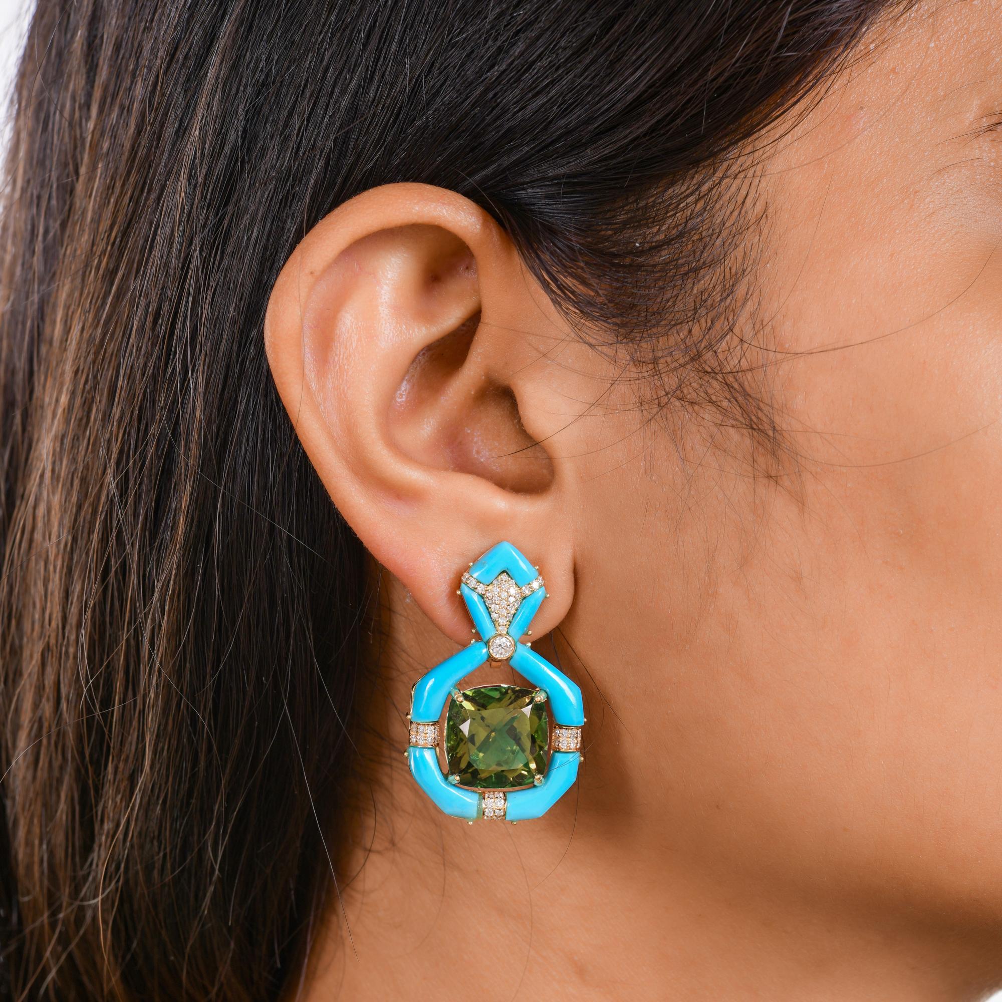 Cushion Cut Green Amethyst Gemstone Dangle Earrings Turquoise Diamond 18 Karat White Gold For Sale