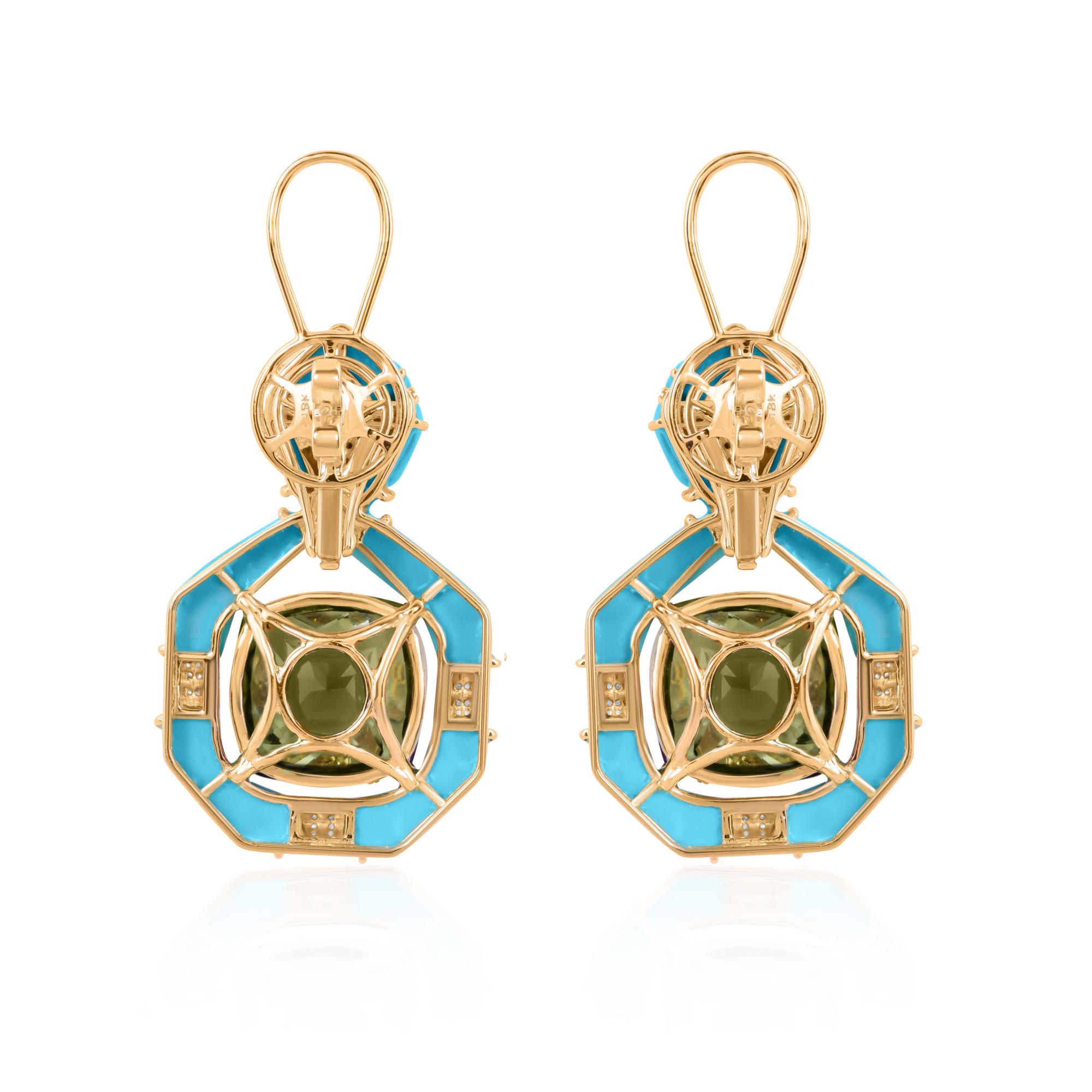 Green Amethyst Gemstone Dangle Earrings Turquoise Diamond 18 Karat White Gold In New Condition For Sale In Diera, Dubai