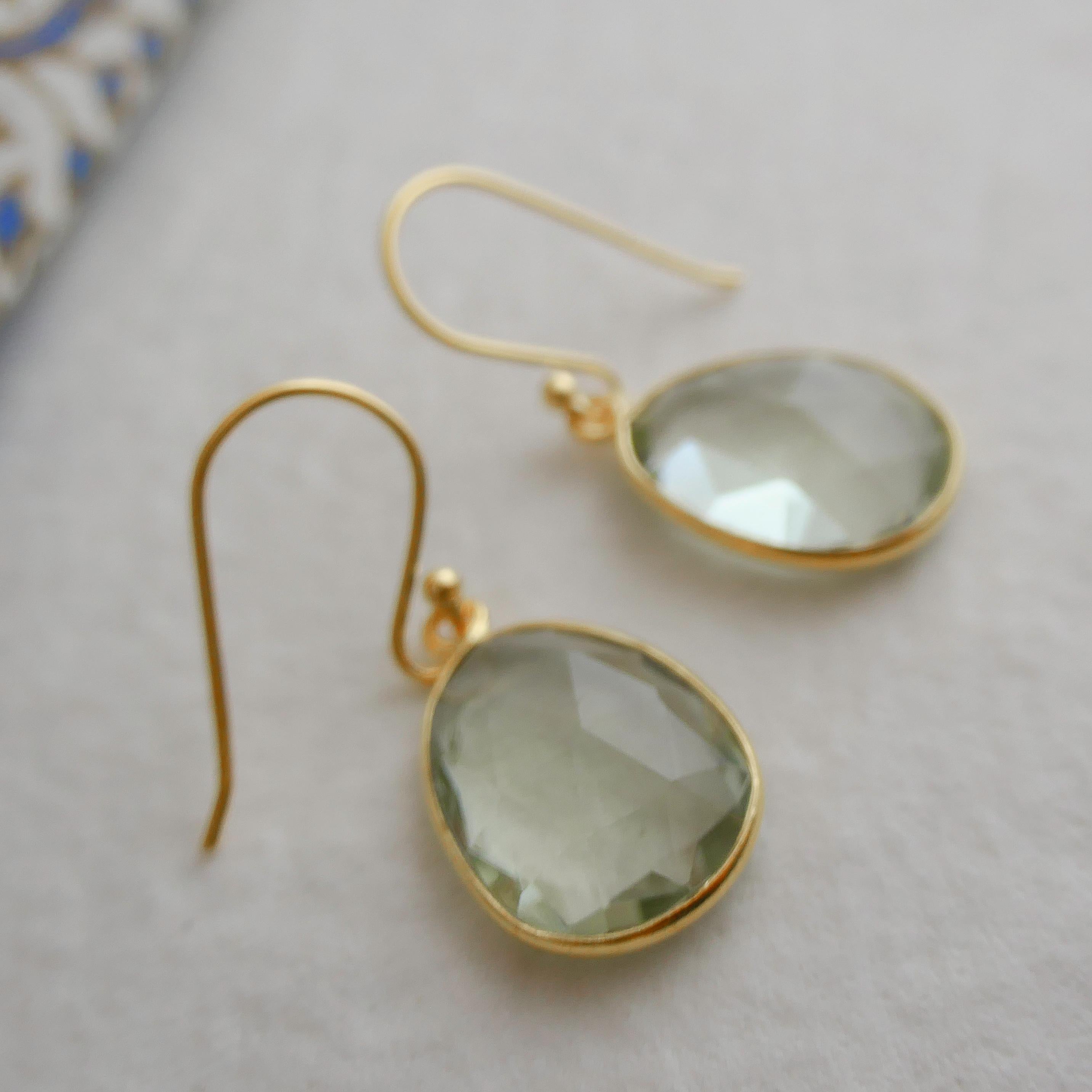 Oval Cut Green Amethyst Gold Plated Sterling Silver Drop Dangle Earrings For Sale